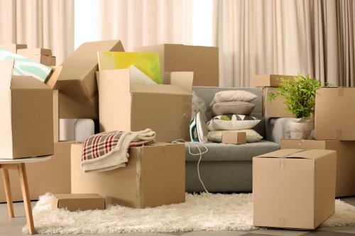 Organised boxes and furniture in a Tooting storage unit